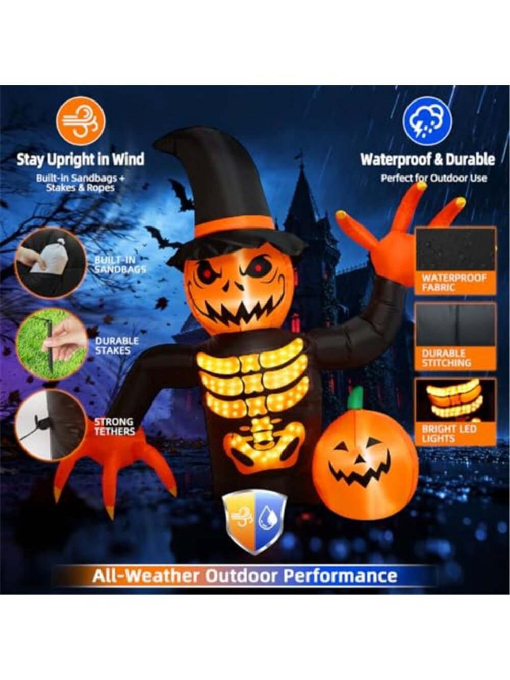 Halloween Inflatable 6FT Skeleton Pumpkin Inflatable with Magic Lightshow - Picture 3 of 7